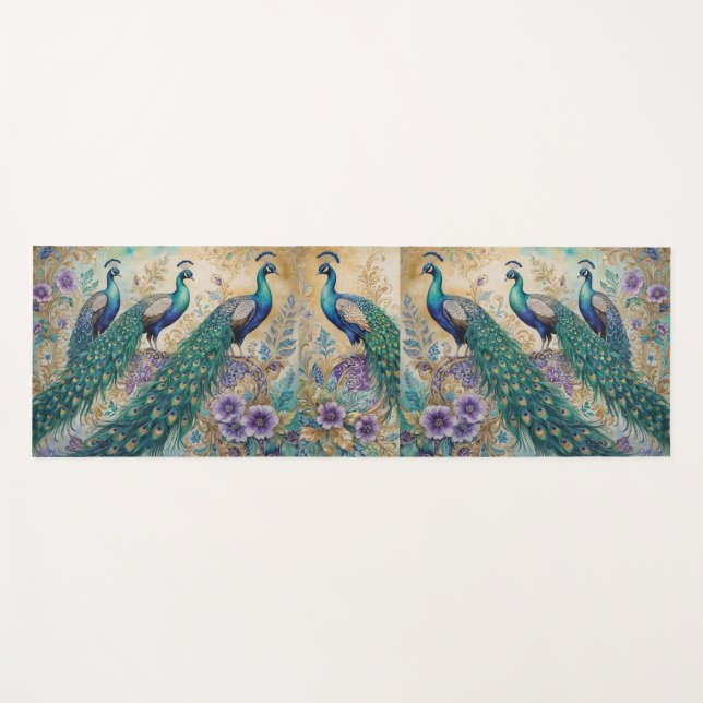 Tapis De Yoga Aquarelle florale Peacock (Devant (Horizontal))