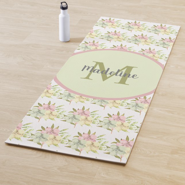 Tapis De Yoga Aquarelle mignonne Pastel Floral Monogramme Yoga M (En situation)