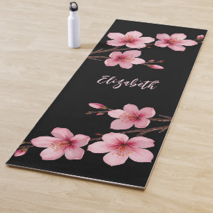 Tapis De Yoga Aquarelle Monogramme Rose Fleur de Cerisier Noir 