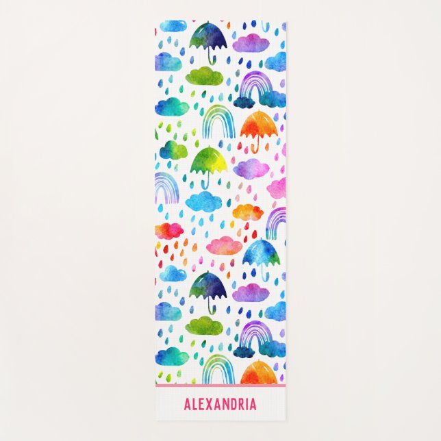 Tapis De Yoga Aquarelle Rainbow Umbrellas Rainy Day Girls (Devant)
