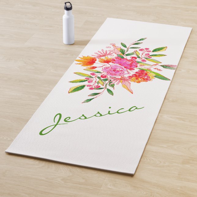 Tapis De Yoga Aquarelle rose colorée Art Floral Personnalisé (En situation)