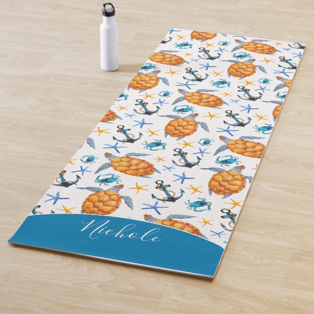 Tapis De Yoga Aquarelle Tortues de mer Crabes Ancres (En situation)