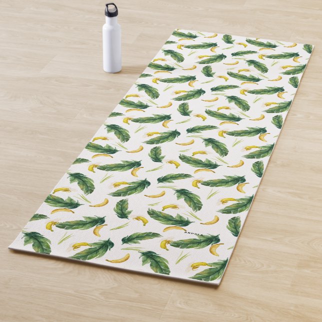 Tapis De Yoga Aquarelle tropicale Banane Feuilles et Motif banan (En situation)