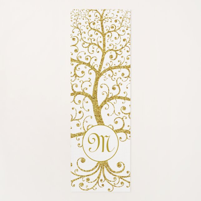 Tapis De Yoga Arbre de vie Monogramme Or moderne (Devant)