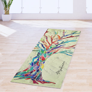 Tapis De Yoga Arbre Monogramme Nom Coloré Vert Zen