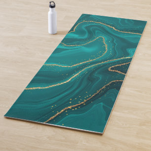 Tapis De Yoga Arrière - plan en marbre liquide turquoise avec or