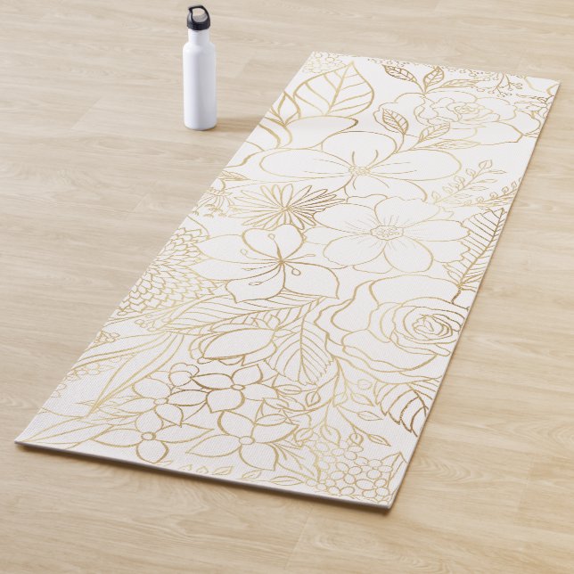 Tapis De Yoga Art moderne Gold White Floral Doodles (En situation)