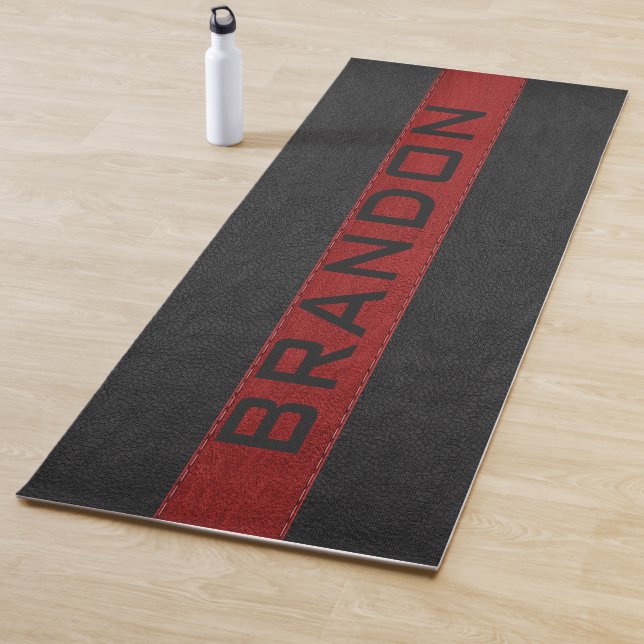 Tapis De Yoga Bandes en cuir cousu noir et rouge (En situation)