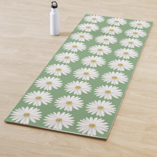 Tapis De Yoga Belles Fleurs de marguerite sur Vert olive (En situation)