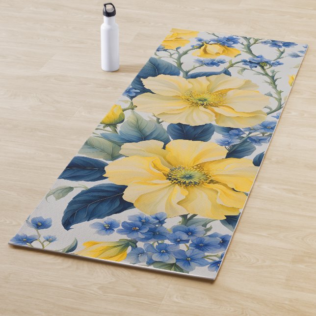 Tapis De Yoga Belles Fleurs Jaunes et Bleues (En situation)