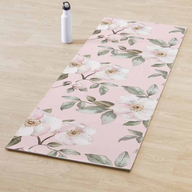 Tapis De Yoga Belles fleurs roses et blanches   (En situation)