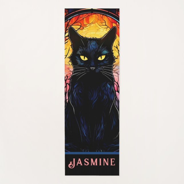 Tapis De Yoga Black Cat Vitrail Rouge Éffrayant (Devant)