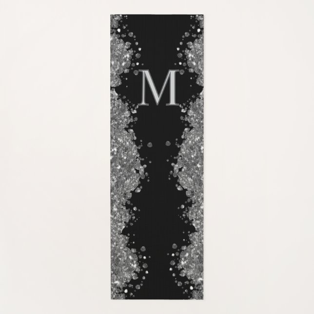 Tapis De Yoga Black Silver Glitter Grey Modern Monogram (Devant)