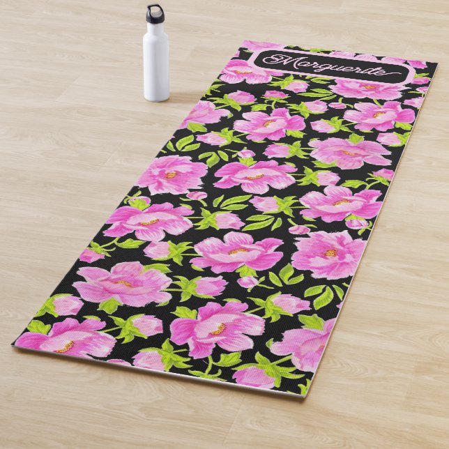 Tapis De Yoga Black Watercolor Peonies Floral (En situation)
