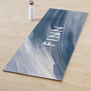 Tapis De Yoga Bleu blanc abstrait texturé main moderne peint par