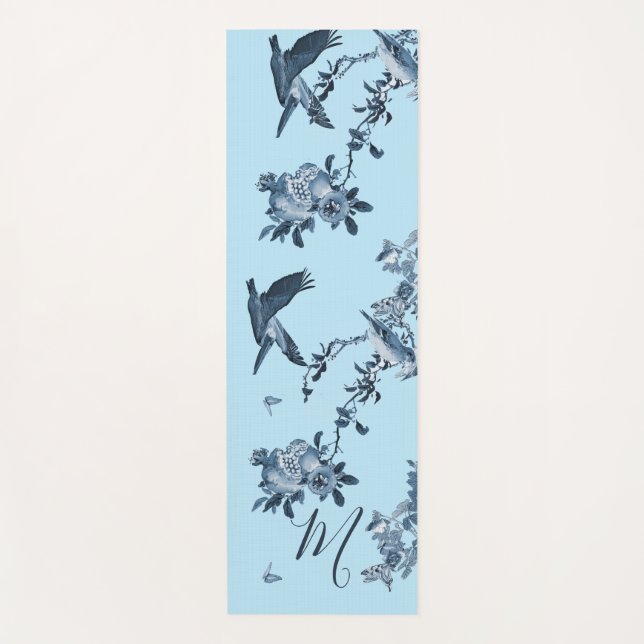 Tapis De Yoga Bleu blanc Chinoiserie Floral élégant Monogramme (Devant)