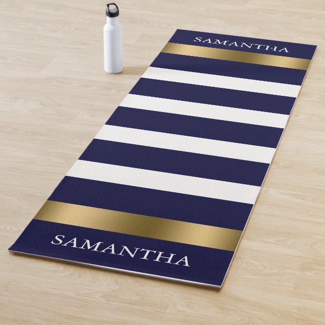 Tapis De Yoga Bleu et blanc rayures motif or accents (En situation)