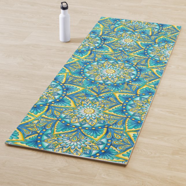 Tapis De Yoga Bleu Motif Mandala Jaune Turquoise (En situation)