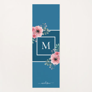 Tapis De Yoga Bleu océan   Fleurs d'aquarelle Monogramme Yoga Ma