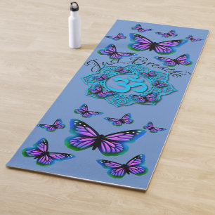 Tapis De Yoga Bleu ohm mandala design avec papillons violets yo