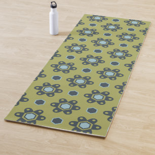 Tapis De Yoga Bleu rétro et marguerites noires sur motif floral
