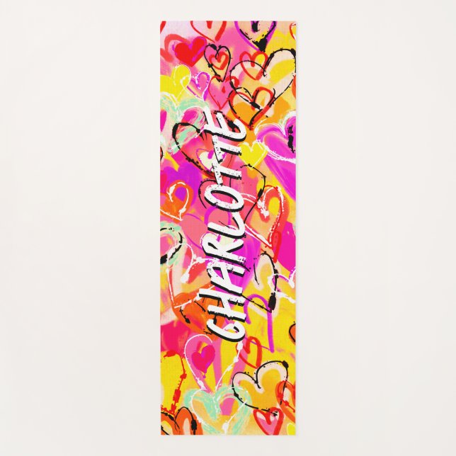 Tapis De Yoga Bliss vibrants : Coeurs de graffitis rose et jaune (Devant)