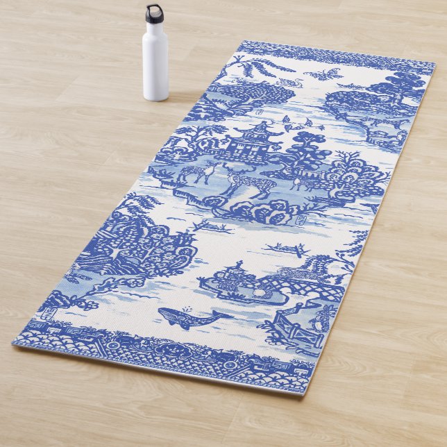 Tapis De Yoga Blue Willow Animal Rabbit Cerf Fox Bird Toile (En situation)