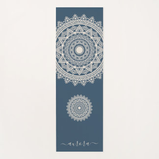 Tapis De Yoga Boho Ivory Mandala sur Blue Custom Name