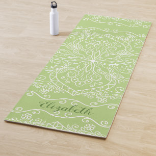 Tapis De Yoga Boho Lime Green Mandala Élégant Monogramme