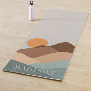 Tapis De Yoga Boho Terracotta Blue Sun Mountains Abstrait