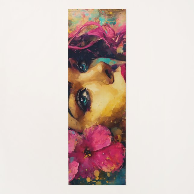 Tapis De Yoga Bold Pink Hibiscus et femme Portrait Abstrait (Devant)