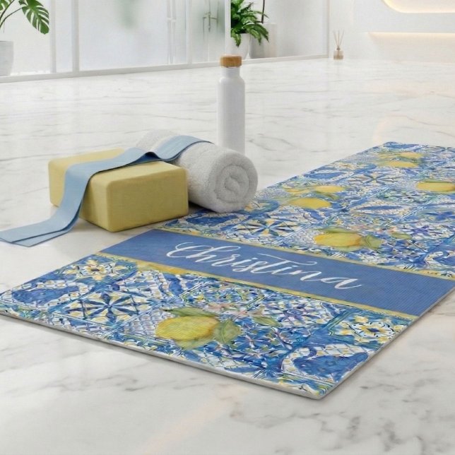Tapis De Yoga Carreau bleu français country motif de citron Prov (Créateur téléchargé)