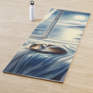 Tapis De Yoga Chambre côtière éclairée par la lune avec un chat 