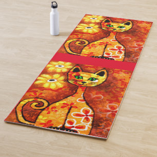 Tapis De Yoga Chat Whimsical Rétro Kitty Floral Orange Jaune Rou
