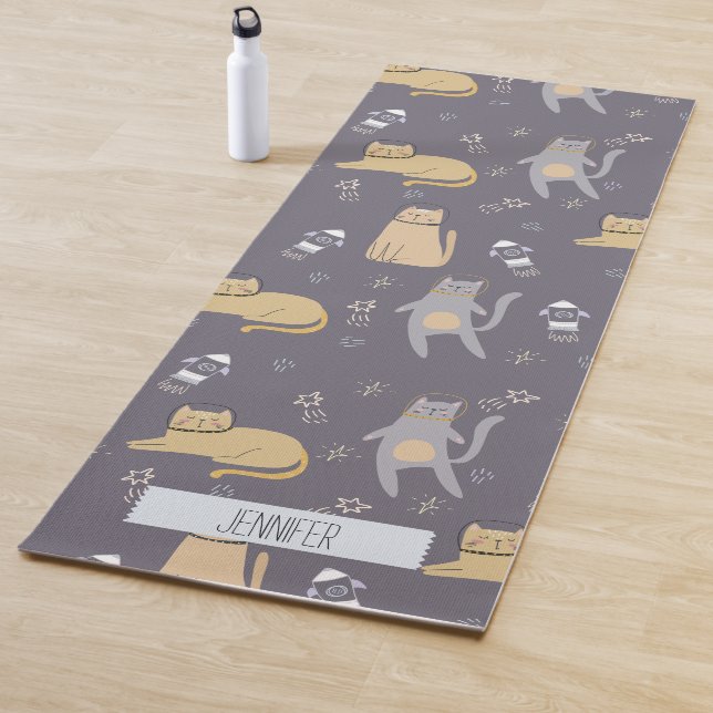 Tapis De Yoga Chats dans l'espace Motif sans couture Nom personn (En situation)