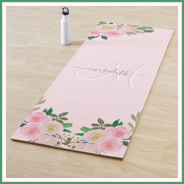 Tapis De Yoga Chic Blush rose Floral Nom personnalisé Monogramme (Créateur téléchargé)