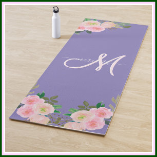 Tapis De Yoga Chic Purple Floral Personnalisé Nom Monogramme
