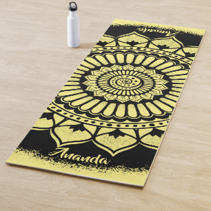 Tapis De Yoga Chiffres spirales Fleurs noir Jaune Henné Mandala