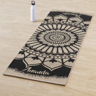 Tapis De Yoga Chiffres Spirales Fleurs Noir Tan Henna Mandala