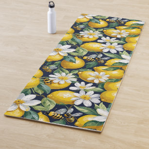 Tapis De Yoga Citrons jaunes frais avec abeilles affairées et fl
