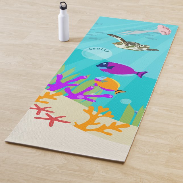 Tapis De Yoga Coloré Ocean Sea Animals Nom des enfants (En situation)