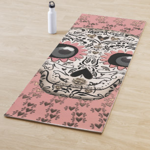 Tapis De Yoga Crâne de sucre rose et or et cœurs fantaisistes mi