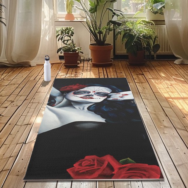 Tapis De Yoga Crâne sucre Roses rouges Noir (Créateur téléchargé)