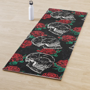 Tapis De Yoga Crânes et roses rouges   Grunge gothique moderne