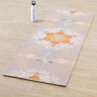Tapis De Yoga Croix sainte d'or brillant, Joli Orange Floral