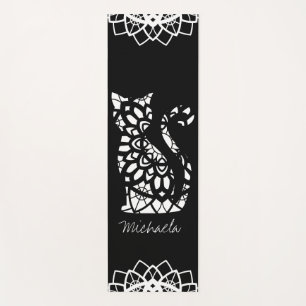 Tapis De Yoga Cute Chat Mandala Nom Fille Noir Personnalisable
