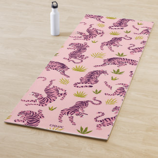 Tapis De Yoga Cute Pink Tigers Tropical Leaves Abstract Animal