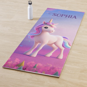 Tapis De Yoga Cute Unicorne Blanche Avec Rose & Bleu Mane