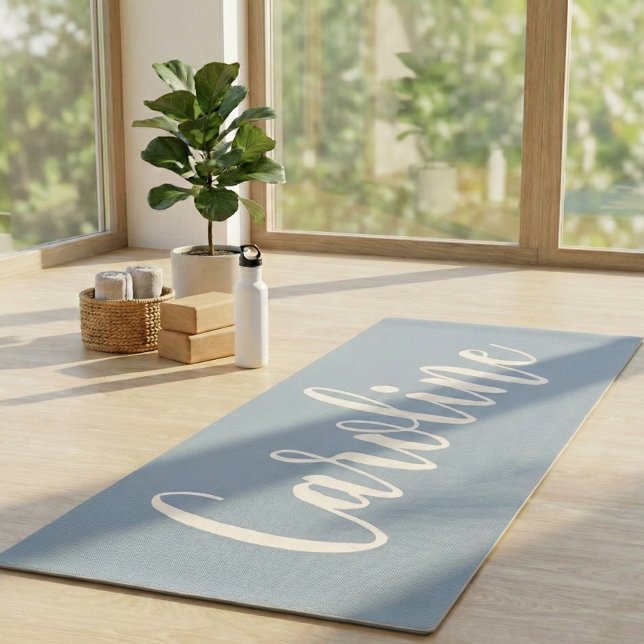 Tapis De Yoga Dusty Blue Minimalist Calligraphy Personalized (Créateur téléchargé)