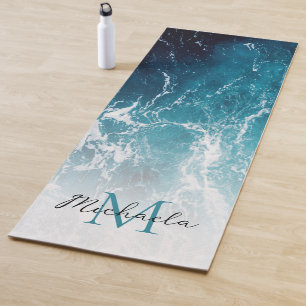 Tapis De Yoga Eau de mer blanche et bleu mousseux abstrait Monog